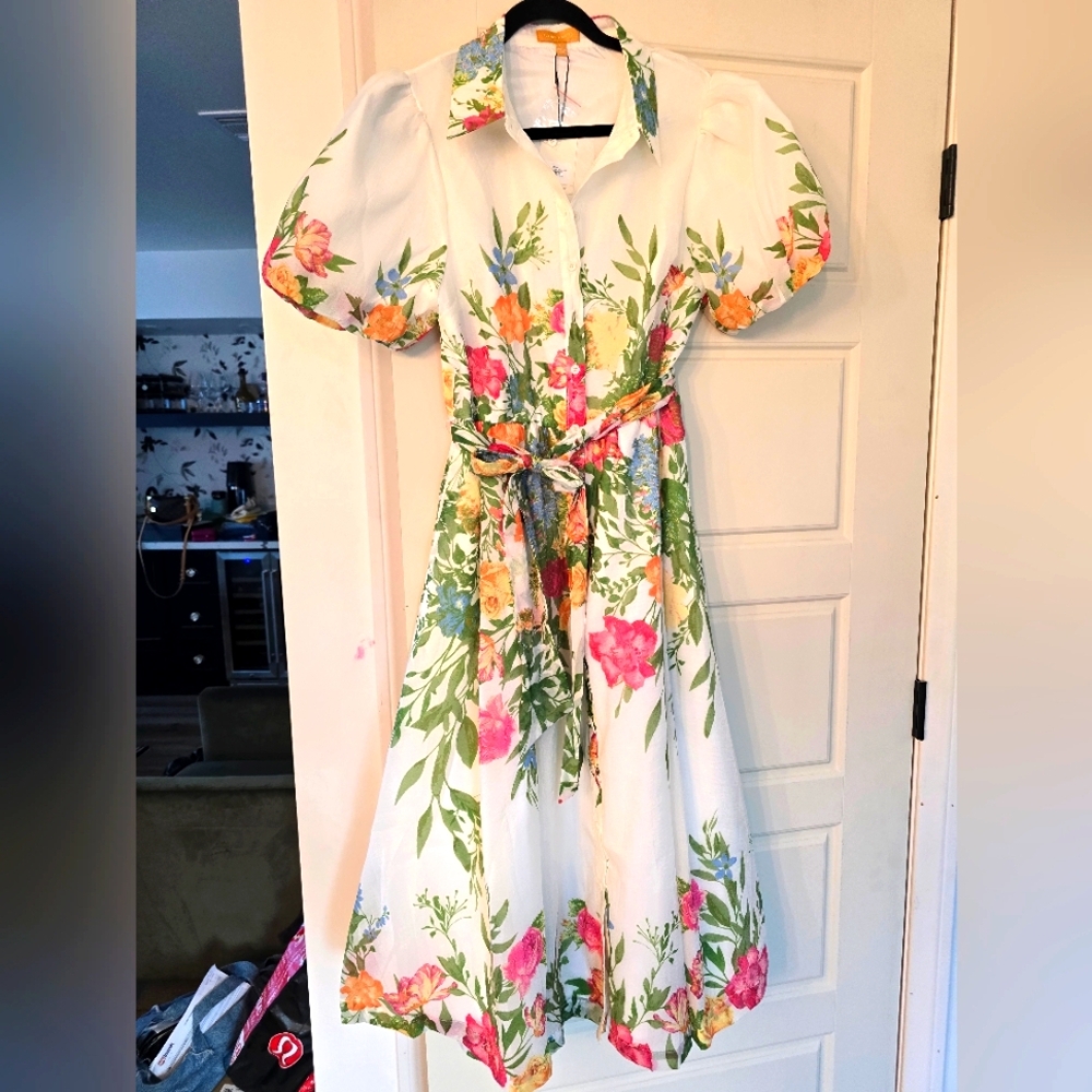 Flying Tomato Floral Midi Dress - White, Green, Pink, Orange